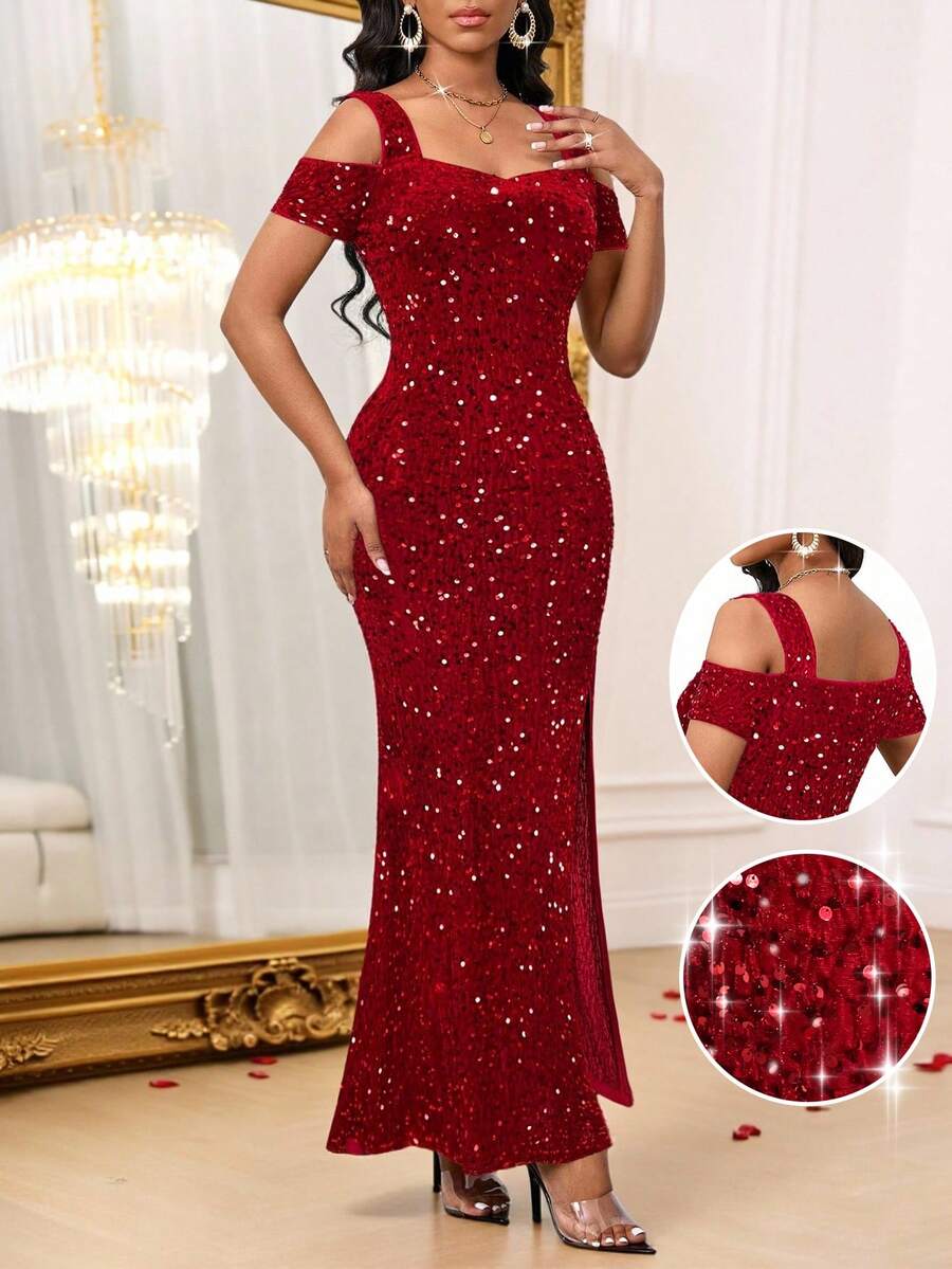 SHEIN Lady 红色礼服天鹅绒亮片面料，圣诞派对礼服新年礼服优雅派对礼服长款派对礼服奢华婚礼晚礼服亮片礼服 - 酒紅色 - 查看 1