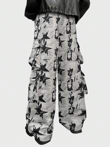 ROMWE MEN Street Life Spring Casual Camo Men'S Letter & Pentagram Star Print Cargo Pocket Wide Leg Pants - Grey - View 2