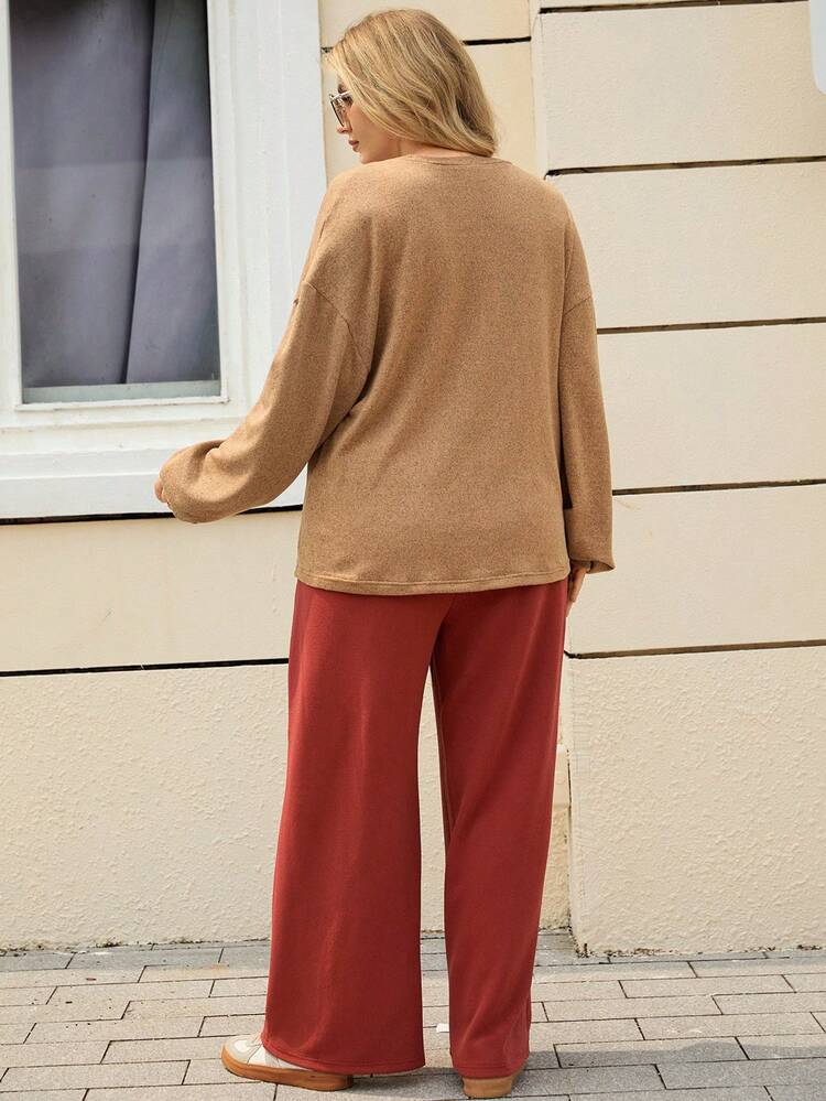 Plus Size Brown 2-Piece Set Women's Round Neck Long Sleeve Top And Pants,Autumn Smart Casual Everyday Minimalist Solid Color Cozy Fall Winter Clothes