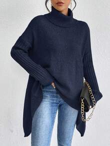 EMERY ROSE Women's Solid Color Minimalist Turtleneck Long Sleeve Pullover Sweater, Everyday Wear - Navy Blue - View 5