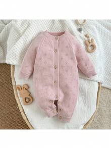 Loomiva 新生男婴/女婴纯色针织柔软圆领长袖连体衣，配长裤，百搭舒适 - 彩色 - 查看 5