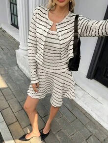 Chiquease New Autumn And Winter Style 2025: French Elegant Commuting Two - Piece Set, Including A Knitted Striped Jacket And A Spliced Lace Camisole Dress. The Knitted Jacket Has Delicate Stripes And A Soft Texture; The Camisole Dress Adds Romantic Details With Lace Splicing. The Overall Shape Is Simple Yet Exquisite, Easily Suitable For Various Occasions Such As Commuting, Bringing An Elegant Atmosphere To Autumn And Winter Outfits. - Apricot - View 7