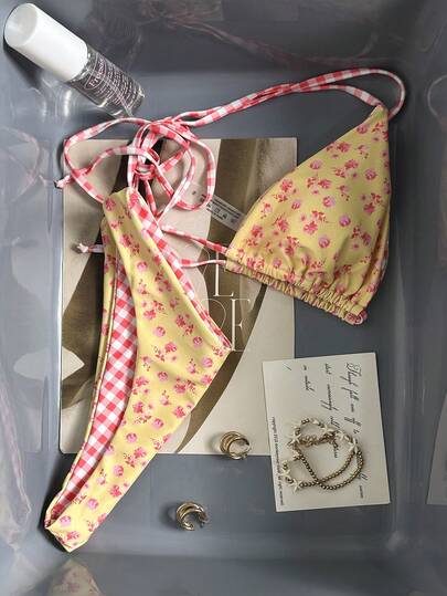 Swim Mod New Women's Summer 2-Piece Random Floral & Plaid Print Triangle Halter Bikini Top And Bottom Set, Beach Vacation Swimwear