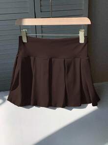 SHEIN EZwear Chocolate Brown Casual Versatile Plus Size Sports Mini Pleated Skirt,Autumn Back-To-School Graduation Chic Elegant Solid Color For Party,Wedding,Date - Chocolate Brown - View 6