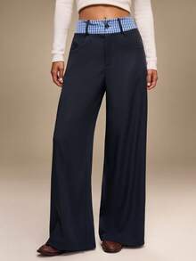 Hanevo 女式休闲纯色拼布格子运动裤 - 寶藍色 - 查看 4