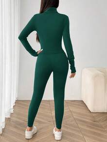 SHEIN EZwear Green Knit Women Zip-Up Cardigan + Camisole + Pants 3Pcs Sportswear Set Green 3 Piece Set Green Set Women 3 Piece Set Women Green 2 Piece Set Woman 3 Piece Outfits Green Lounge Set - Dark Green - View 2