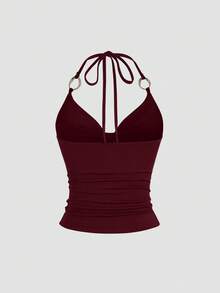 Sweetra Áo ba lỗ nữ đa năng có dây buộc cổ và vòng kim loại Y2K mới - Màu Đỏ Sâu - Xem 2