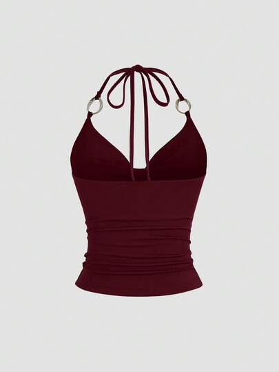 Sweetra New Y2K Metal Ring Decor Commuter Versatile Draped Neck Tie Strap Women Tank Top