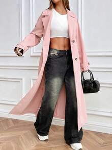 Chiquease 女式休闲日常翻领双排扣风衣，秋季 - 粉色 - 查看 6