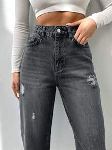 EURMUSE 100%纯棉女式破洞时尚休闲牛仔裤 - 深灰色 - 查看 5