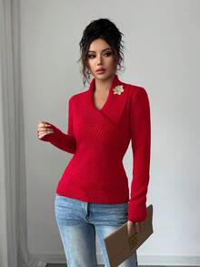 Elenzga Women's Elegant Casual Commuter Fashion Folded Collar Long Sleeve Decorative Button Knit Sweater, Autumn/Winter - Red - View 5