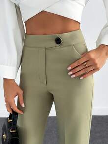 EURMUSE Women's Fashionable Versatile Solid Color High Waist Pants - Army Green - View 5