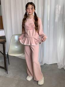 DAZY 女童刺绣圆领针织运动衫套装，青少年女孩秋季服装 - 粉色 - 查看 7