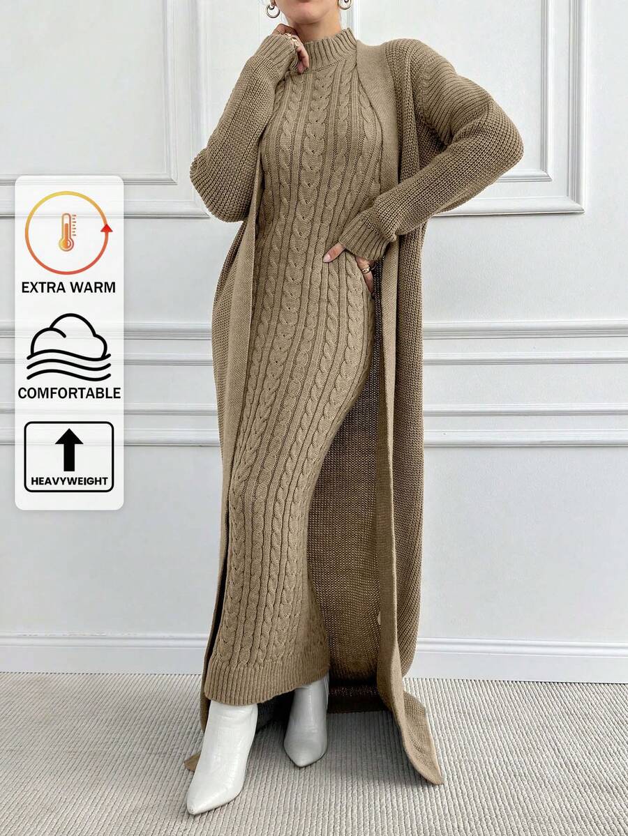EURMUSE Women's Minimalist Solid Color Cable Knit Turtleneck Sweater Dress And Cardigan, Autumn/Winter - Mocha Brown - View 1