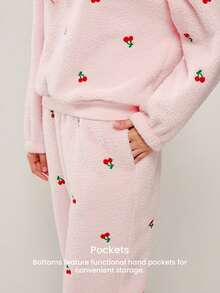 LUVLETTE 冬季基础款柔软保暖女式圆领套头衫长袖长裤睡衣家居服两件套粉色樱桃图案圣诞节新年睡衣款式 2025 - 粉色 - 查看 5