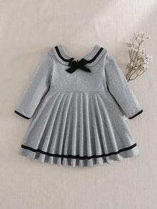 Souflis Souflis Baby Girl Cute Grey Autumn School Dress,Retro Elegant Collegiate Peter Pan Collar Knit Elastic Fabric Contrast Color Bow Decor Striped Outfit,3M-3Y - Grey - View 2