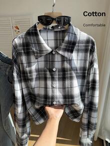 Comfortcana Plus Size Vintage Plaid Loose Fit Drop Shoulder Long Sleeve Short Casual Shirt, Autumn/Winter