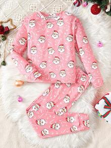 SHEIN 少女休闲针织圆领长袖家居服套装 - 粉色 - 查看 2