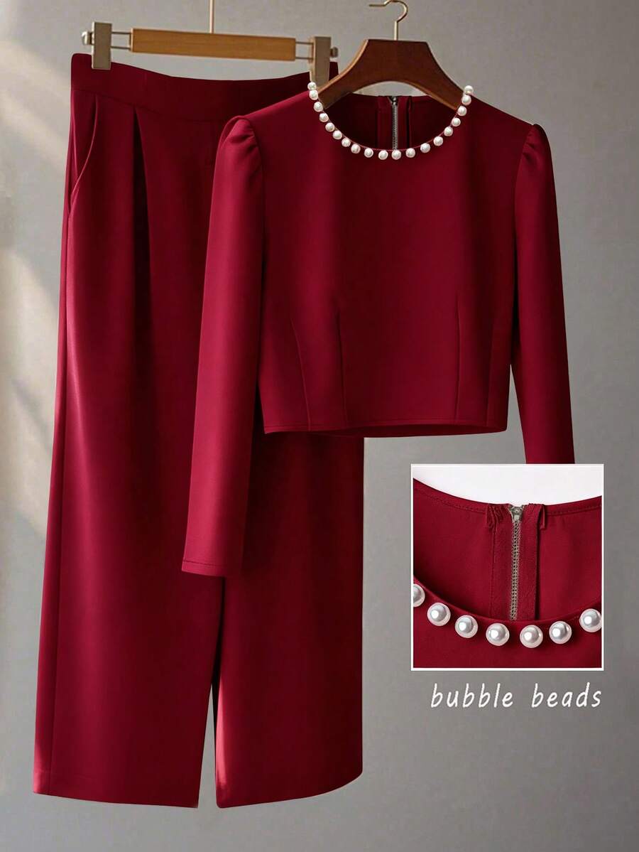 GlowEve New Autumn And Winter Niche Temperament Three-Dimensional Studded Long-Sleeved Top Exquisite Trousers Women's Two-Piece - Burgundy - View 1