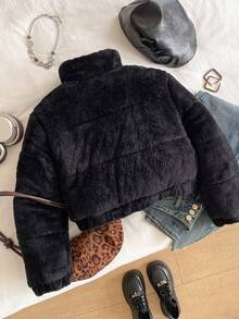 Tween Girl 纯色蓬松厚腰抽绳连帽夹克，防尘，时尚街头服饰，适合户外活动和日常穿着，Y2K 冬季酷白色棉服 - 黑色 - 查看 2