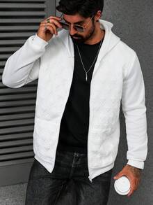 Manfinity CasualCool Men's Casual Everyday Commute Simple Versatile Solid Color Diamond Textured Fabric Zip-Up Hooded Fleece Sweatshirt, Autumn White Long Sleeve Top - White - View 6