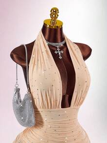 Amplova Rochie mini sexy de petrecere cu imprimeu floral din plasă cu strasuri, fără spate, cu halter - Caisă - Vizualizare 5