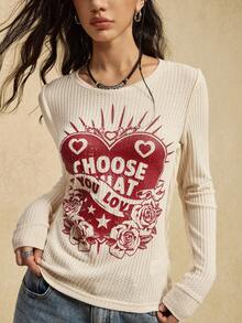 Easelle 女式标语和心形印花圆领长袖休闲T恤