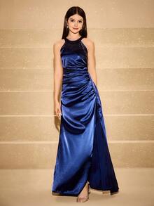 缎面拼布串珠吊带裙，下摆开衩，优雅的青少年正式礼服，适合婚礼、表演、舞会、生日、圣诞节、万圣节 - 藏蓝色 - 查看 3