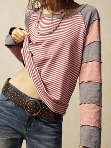 Bohemela Camiseta de manga larga holgada de punto vintage con rayas de colores y diseño de patchwork de cuello redondo, estilo occidental vintage country, adecuada para conciertos, vacaciones y vuelta al cole, apta para otoño/invierno - Multicolor - Ver 10