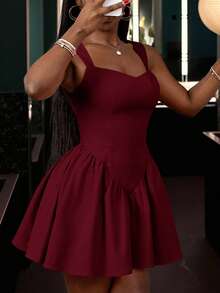 Slaydiva 2025 新款春夏大码女式复古西部/热带/音乐节/俱乐部/公路旅行//休闲/城市休闲/毕业约会/优雅度假/公主风格度假连衣裙，紫红色心形领口拼接甜心领口荷叶边下摆 A 字迷你连衣裙 - 酒紅色 - 查看 3