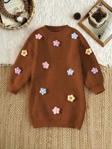 SHEIN Vintaside Kids Girls Handmade Flower Knitted Dress, Round Neck Long Lantern Sleeve Cute Elegant Pink Dress Girl S Spring And Autumn Dress Brown Sweater 4 Years Old Girls Girls Sweater Dress Kids Brown Dress Autumn And Winter Young Girls Dressse - Brown - View 3