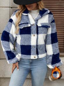 SHEIN Clasi Women's Plaid Reversible Fleece Jacket With Collar In Fall/Winter - Blue - View 4