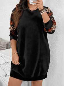 EMERY ROSE Vintage Maple Leaf Print Casual Minimalist Plus Size Women Raglan Sleeve Crew Neck Sweatshirt, Black Long Sweatshirt For Autumn/Winter Plus Size Casual Dress - Multicolor - View 3