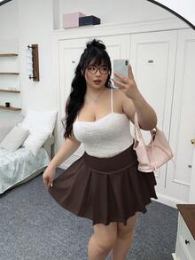 SHEIN EZwear Chocolate Brown Casual Versatile Plus Size Sports Mini Pleated Skirt,Autumn Back-To-School Graduation Chic Elegant Solid Color For Party,Wedding,Date - Chocolate Brown - View 11