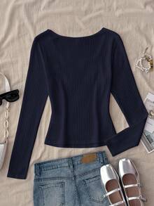 SHEIN 少女百搭休闲纯白针织圆领宽松长袖蕾丝蝴蝶结T恤上衣，返校季可爱长袖上衣，紧身款上衣，方领上衣，黑色长袖上衣 - 藏蓝色 - 查看 8