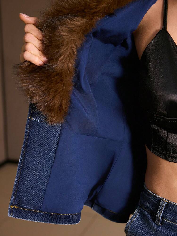 JAQUETA Denim COM GOLA FELPUDA CONTRASTANTE OUTONO INVERNO