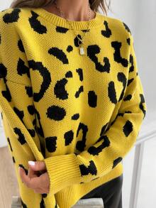 SHEIN Tall Pull doux et chaud en jacquard léopard, style décontracté pour grandes tailles