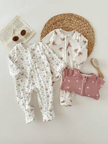 Newborn Baby Girl Cute Casual Knit Cartoon Pattern Striped Long Sleeve Romper