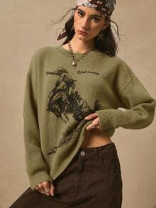 Easelle 绿色印花休闲长袖毛衣，女士套头衫，女士牛仔上衣，女士西部服饰 - 綠色 - 查看 4