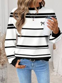 SHEIN LUNE 女士休闲简约条纹印花宽松圆领长袖卫衣，适合秋冬季节穿着，休闲百搭。 - 彩色 - 查看 5