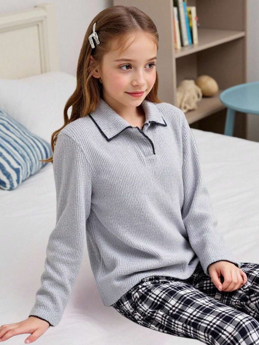 2 件套女童休闲套装，灰色翻领上衣搭配格子裤，长袖，长裤，舒适家居服，春/秋/冬 - 灰色 - 查看 1