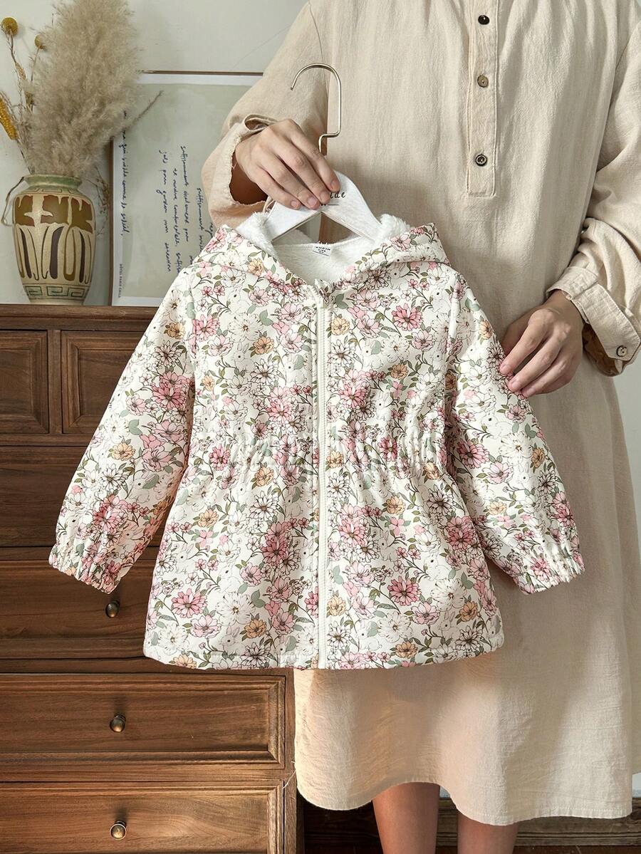 SHEIN Vintaside Kids 女童可爱印花保暖拉链外套，秋冬季 - 棕色 - 查看 1
