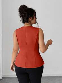 Elenzga Plus Size Women's Elegant Sleeveless Shirt, Sweetheart Neck Double-Breasted Closure, Slim Fit, Suitable For Work And Commute, Summer - Red - View 2
