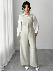 SHEIN Elenzya Large-Sized Woven Commuter Style Autumn Jumpsuits - Apricot - View 6