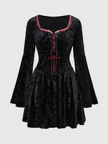 ROMWE Goth 哥特复古天鹅绒钻石绒面料女式女巫符号图腾五角星刺绣图案喇叭袖超短连衣裙 - 黑色 - 查看 5
