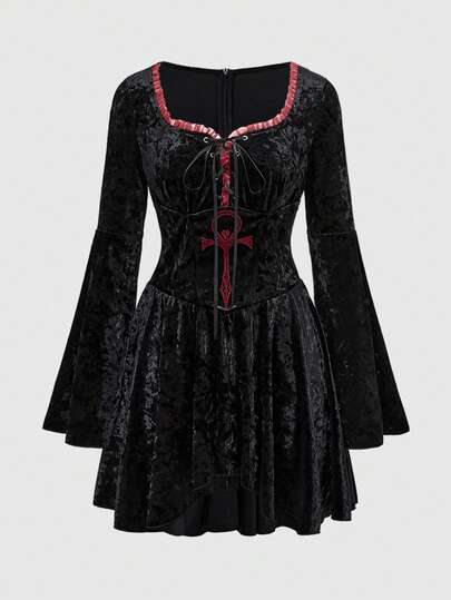 Goth Gothic Retro Velvet Diamond Velvet Fabric Women Witch Symbol Totem Pentagram Embroidery Pattern Flare Sleeve Super Short Dress