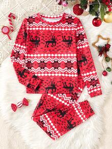 SHEIN 少女休闲针织圆领长袖家居服套装 - 紅色 - 查看 3