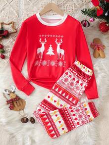SHEIN Tween Girl Casual Comfortable Cartoon Graphic Crew Neck Pullover Loungewear - Red - View 7