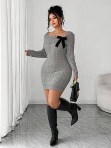 SHEIN Elenzya 大码女式纯色露肩扭纹针织毛衣裙 - 灰色 - 查看 4