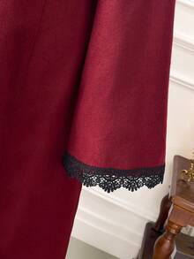 SHEIN Clasi Áo khoác ngoài dài tay cổ đứng phối ren dáng chữ A khoét lỗ thêu họa tiết tương phản cỡ lớn, thanh lịch khi đi chơi, tụ tập, đi làm - Màu Đỏ Sâu - Xem 4